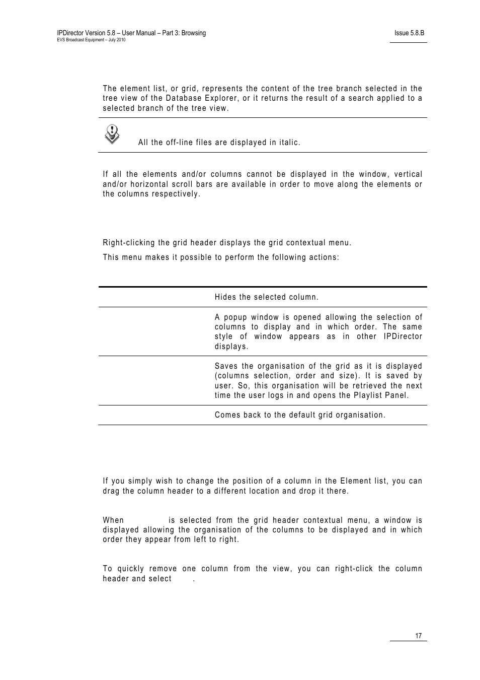 2 element grid, Grid header contextual menu, Organizing columns in the element list | Element grid, Lement | EVS IPDirector Version 5.8 - July 2010 Part 3 User's Manual User Manual | Page 28 / 137