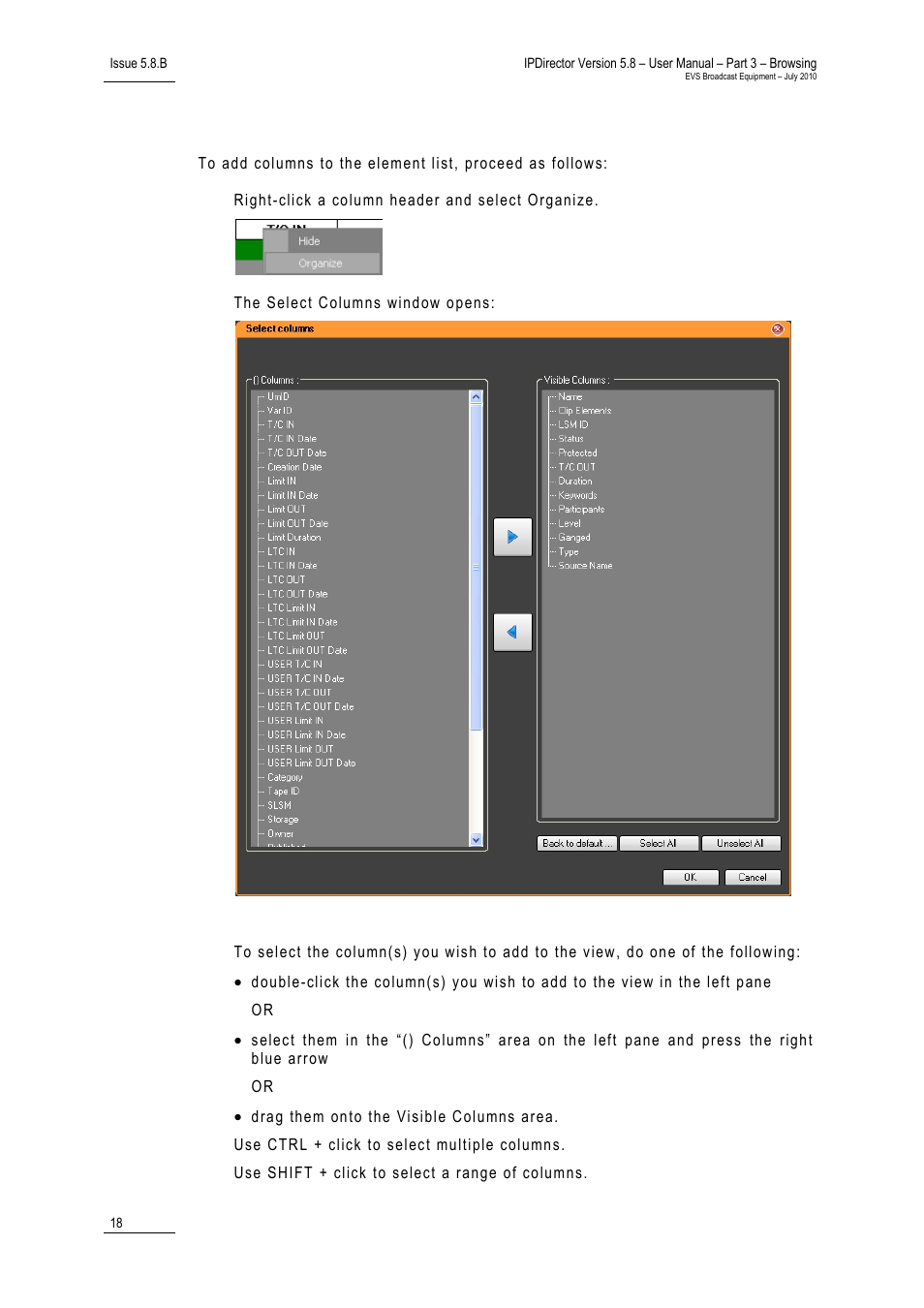 How to add columns to the element list | EVS IPDirector Version 5.8 - July 2010 Part 3 User's Manual User Manual | Page 29 / 137