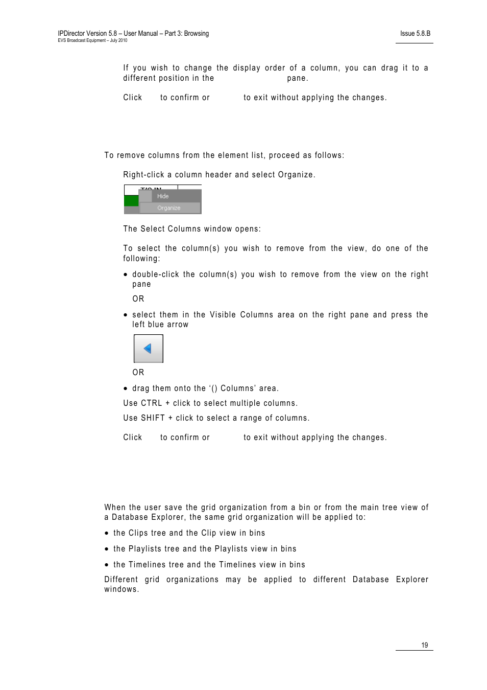 How to remove columns from the element list, Save grid organization | EVS IPDirector Version 5.8 - July 2010 Part 3 User's Manual User Manual | Page 30 / 137