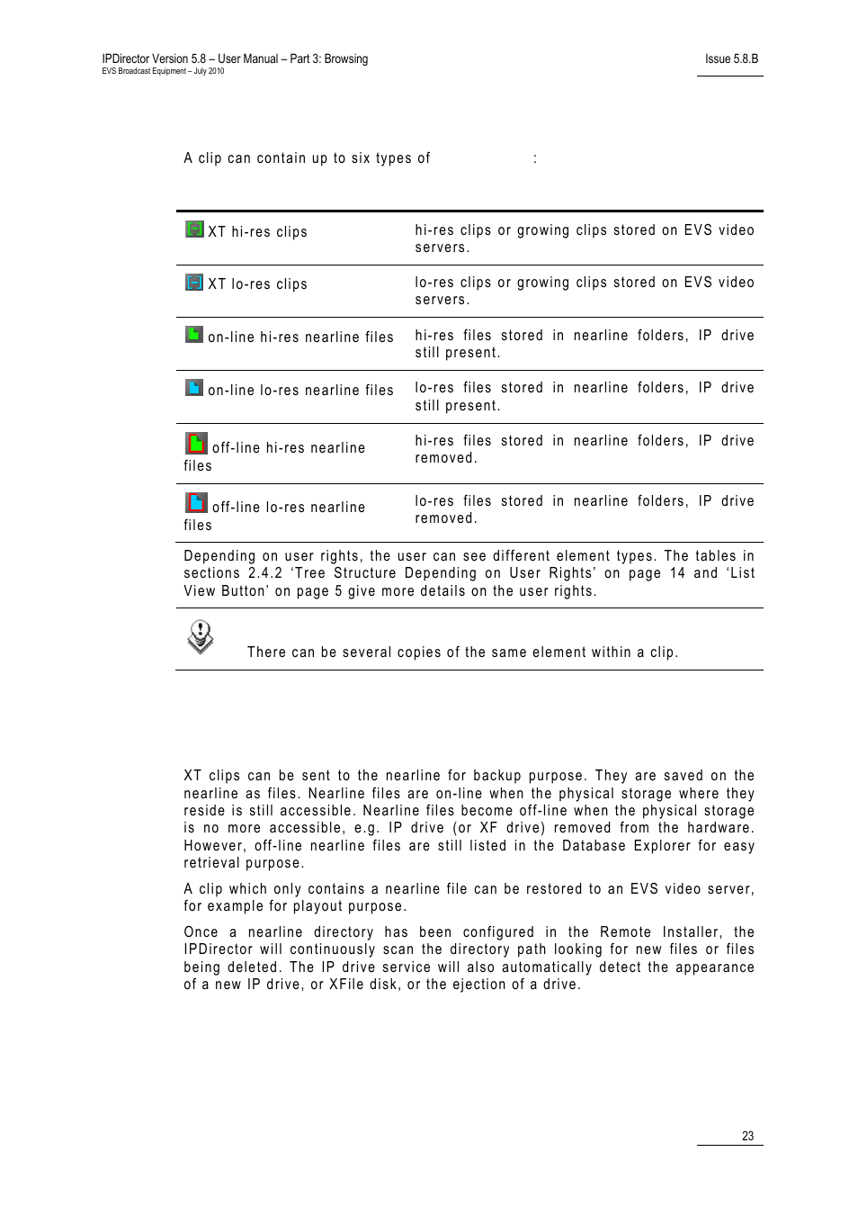 1 clip element types, 3 nearline management, Clip element types | Nearline management, Lement, Ypes | EVS IPDirector Version 5.8 - July 2010 Part 3 User's Manual User Manual | Page 34 / 137