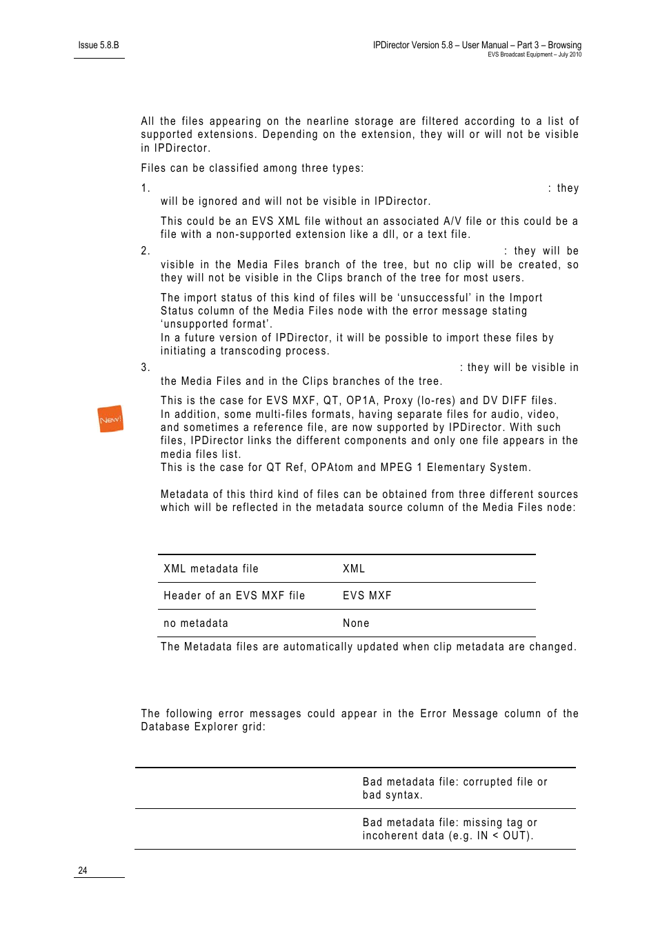 1 files types, Error messages, Files types | Iles, Ypes | EVS IPDirector Version 5.8 - July 2010 Part 3 User's Manual User Manual | Page 35 / 137