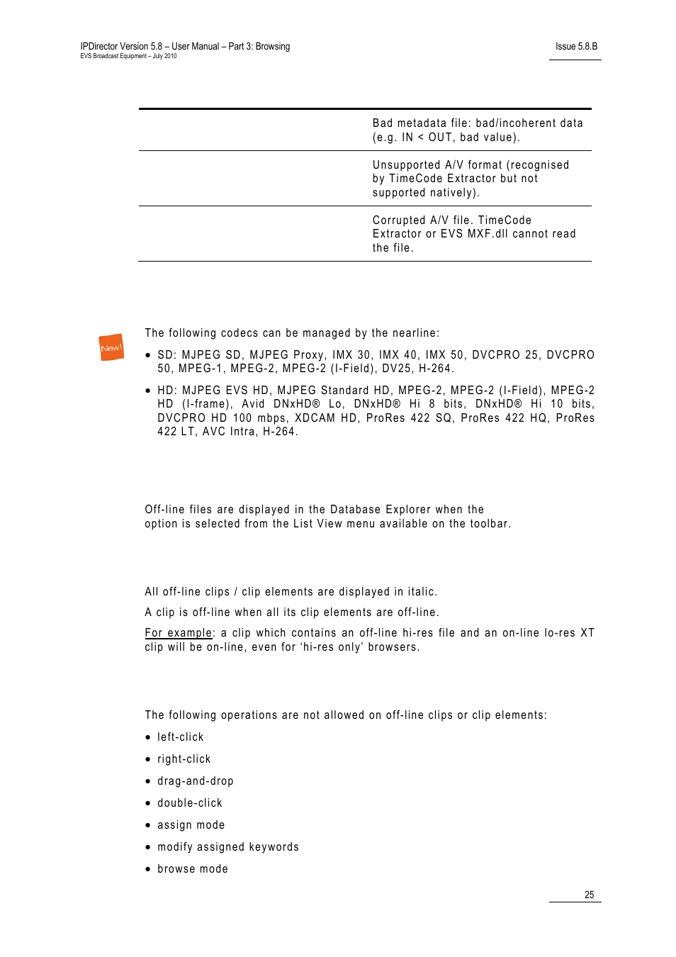 2 supported codecs, 3 off-line nearline files, Display of off-line clips or clip elements | Operations on off-line clip or clip elements, Supported codecs, Off-line nearline files, Upported, Odecs, Line, Earline | EVS IPDirector Version 5.8 - July 2010 Part 3 User's Manual User Manual | Page 36 / 137