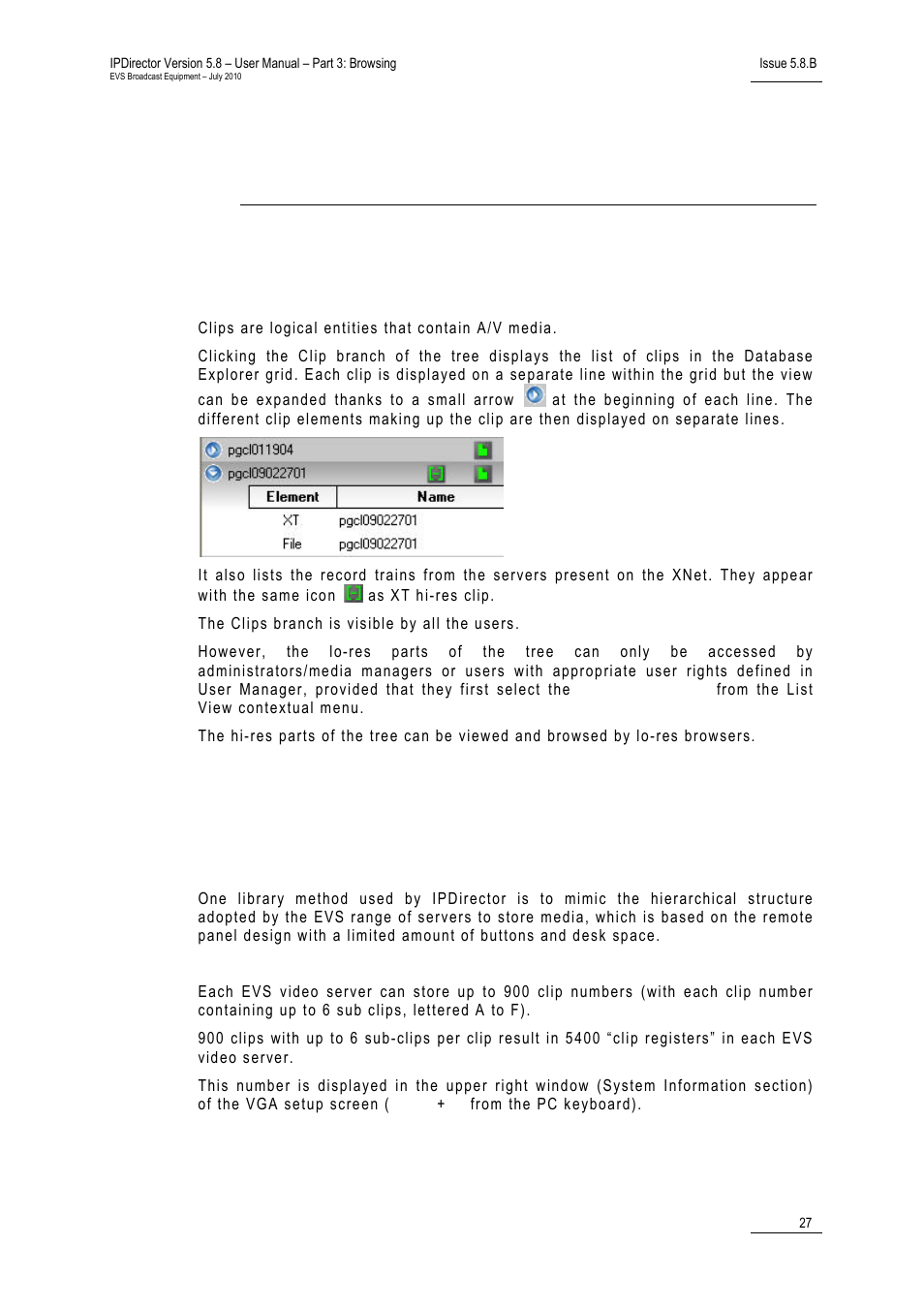 Clips view, 1 introduction, Introduction | 4 ‘clips view, 27 fo | EVS IPDirector Version 5.8 - July 2010 Part 3 User's Manual User Manual | Page 38 / 137