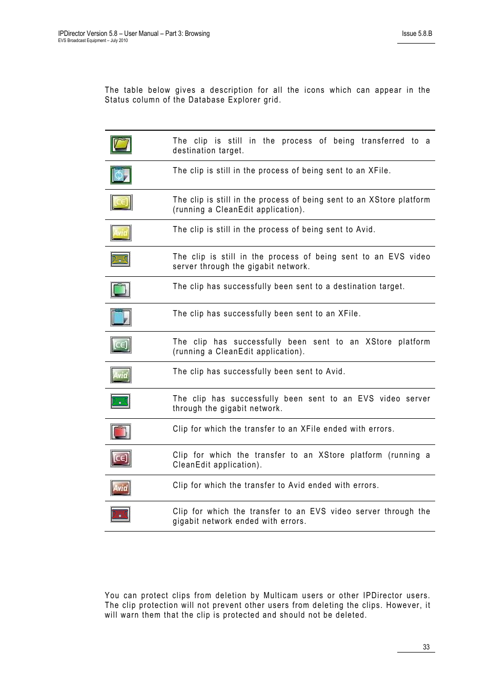 1 status icons, 2 clip protection, Status icons | Clip protection, 33 fo, Tatus, Cons, Rotection | EVS IPDirector Version 5.8 - July 2010 Part 3 User's Manual User Manual | Page 44 / 137