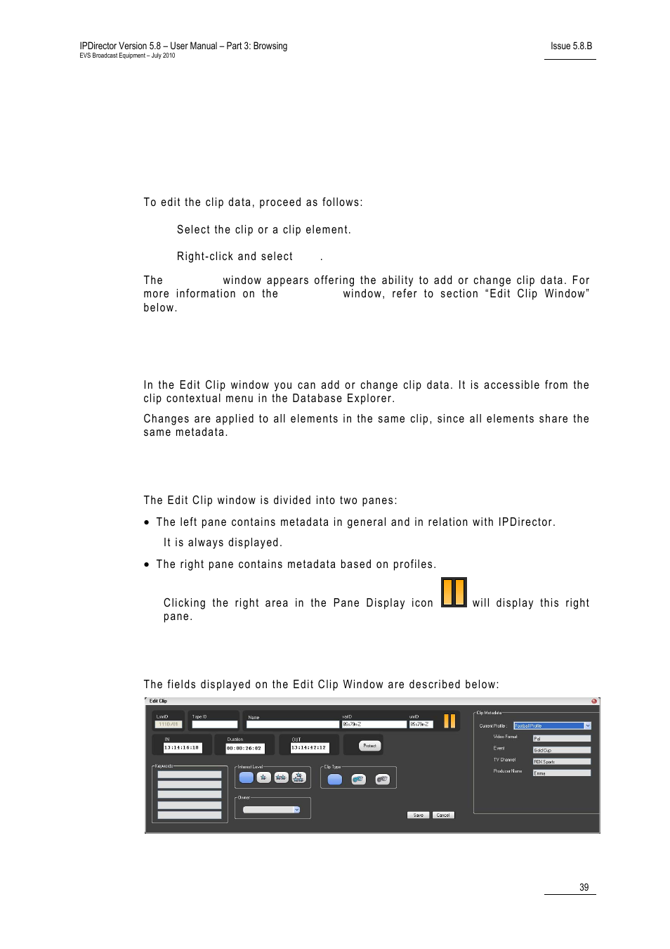 8 editing a clip, 2 edit clip window, Window overview | Fields in the edit clip window, Editing a clip, Edit clip window, 2 ‘edit clip window | EVS IPDirector Version 5.8 - July 2010 Part 3 User's Manual User Manual | Page 50 / 137