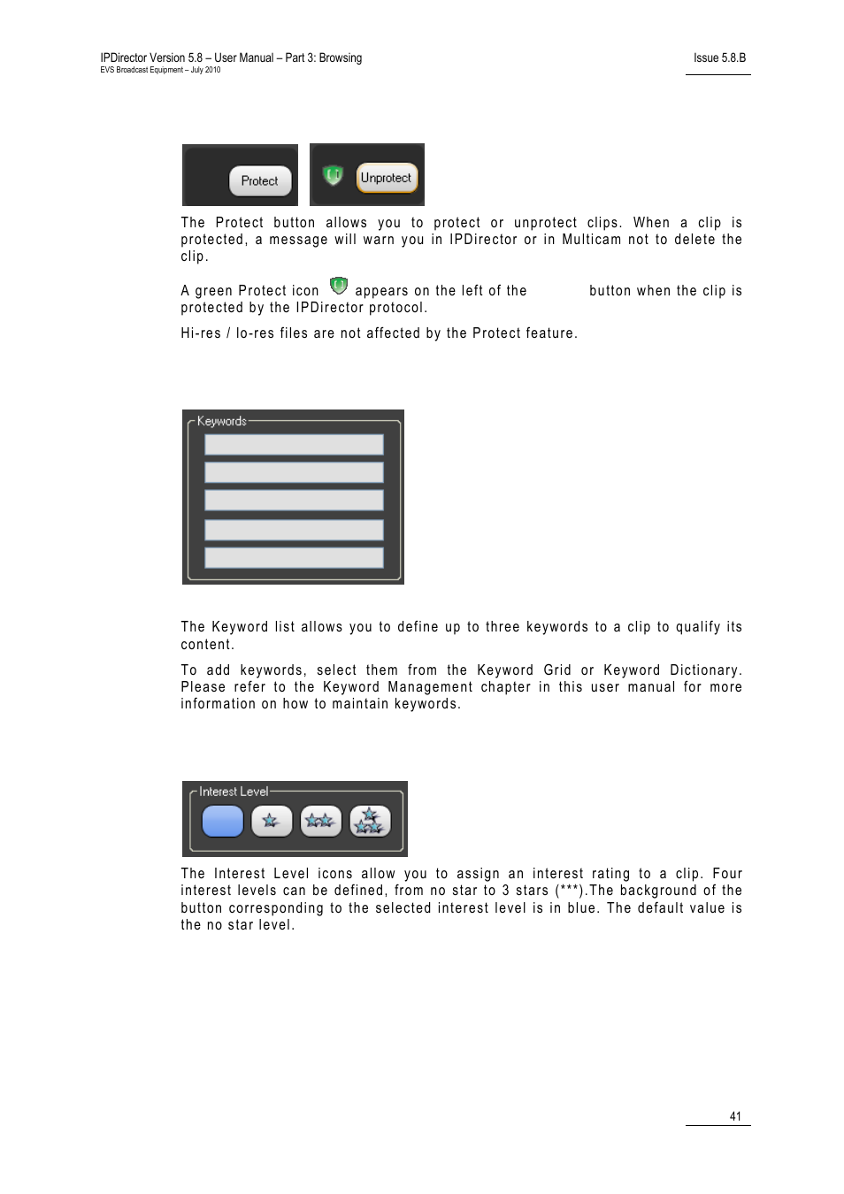 Protect / unprotect, Keywords, Interest level | EVS IPDirector Version 5.8 - July 2010 Part 3 User's Manual User Manual | Page 52 / 137