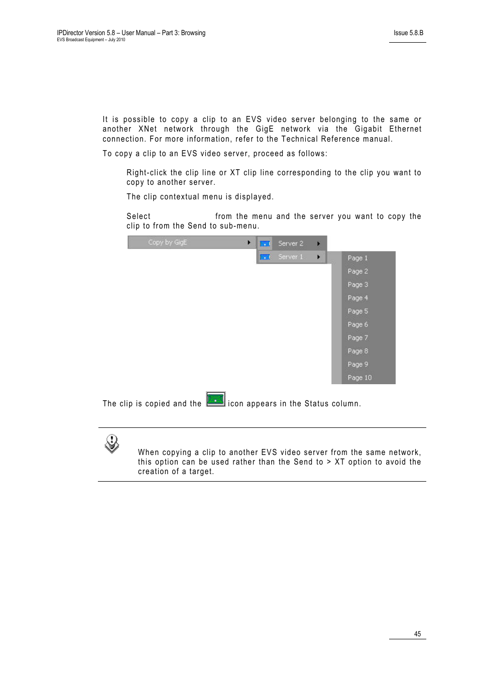 Ow to copy a, Lip to an, Video server through the | Igabit, Thernet | EVS IPDirector Version 5.8 - July 2010 Part 3 User's Manual User Manual | Page 56 / 137