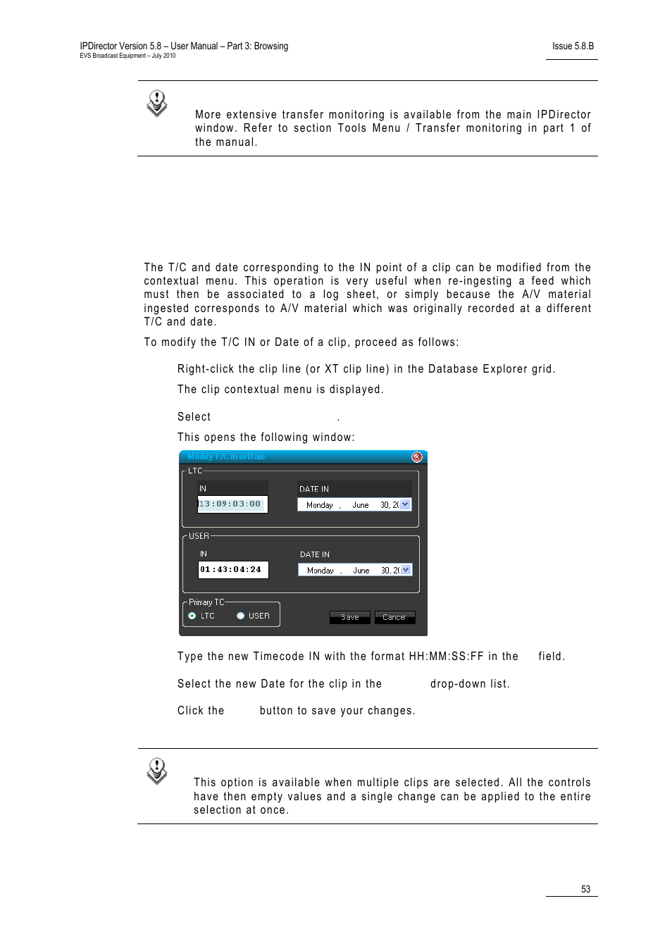 11 how to modify the t/c in or the date of a clip, How to modify the t/c in or the date of a clip, 11 ‘how to modify the t/c in or the | Date of a clip | EVS IPDirector Version 5.8 - July 2010 Part 3 User's Manual User Manual | Page 64 / 137