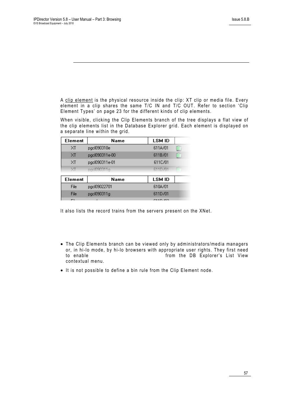 Clip elements view, 1 introduction, 1 limitations | Introduction, Limitations, 5 ‘clip elements view, 57 f, Imitations | EVS IPDirector Version 5.8 - July 2010 Part 3 User's Manual User Manual | Page 68 / 137