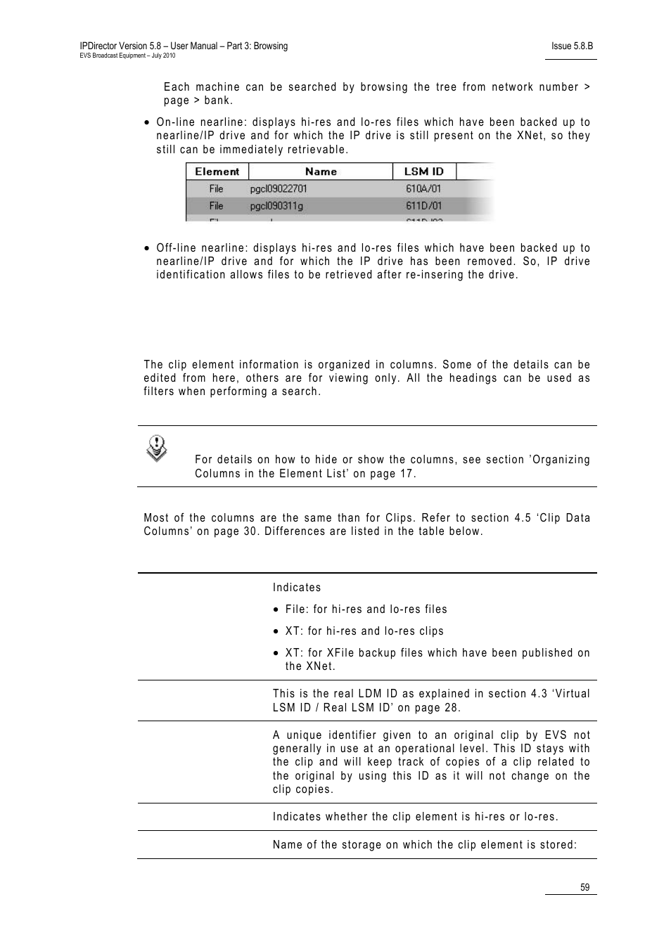 3 clip elements data columns, Clip elements data columns | EVS IPDirector Version 5.8 - July 2010 Part 3 User's Manual User Manual | Page 70 / 137