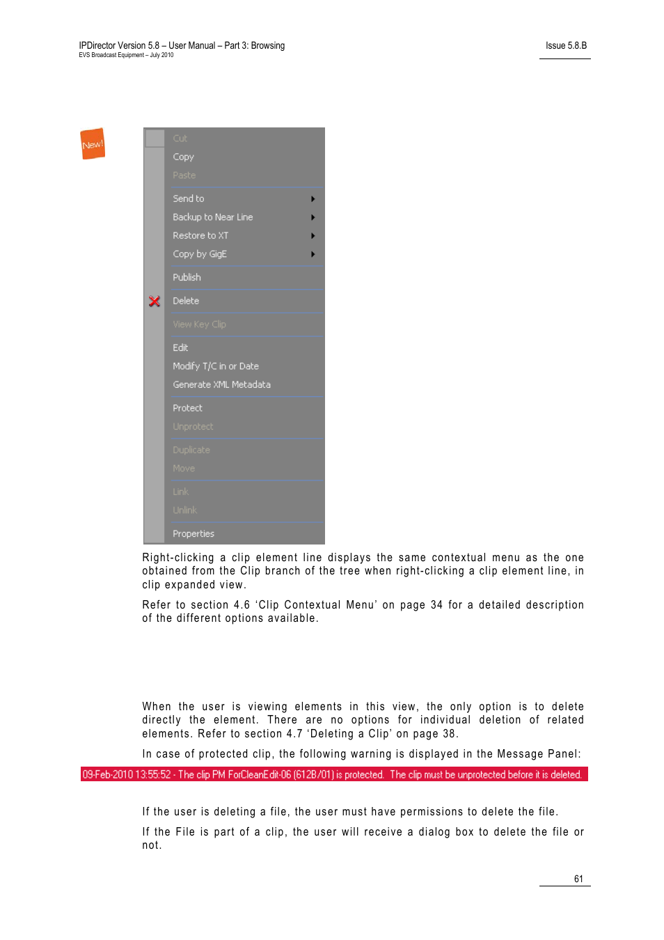 4 clip element contextual menu, 5 deleting clip elements, Clip element contextual menu | Deleting clip elements | EVS IPDirector Version 5.8 - July 2010 Part 3 User's Manual User Manual | Page 72 / 137