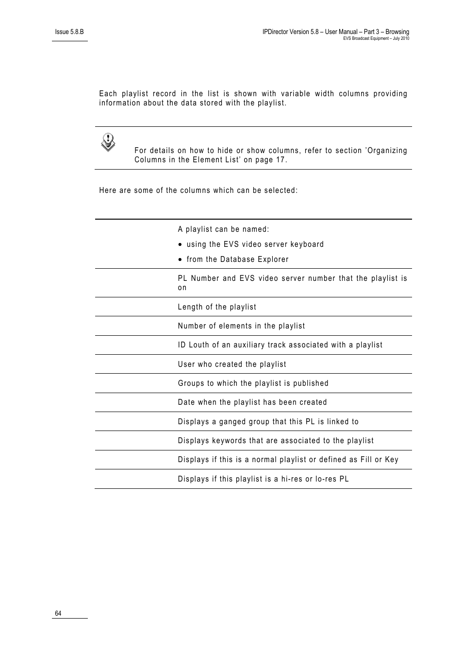 3 playlists data columns, Playlists data columns | EVS IPDirector Version 5.8 - July 2010 Part 3 User's Manual User Manual | Page 75 / 137