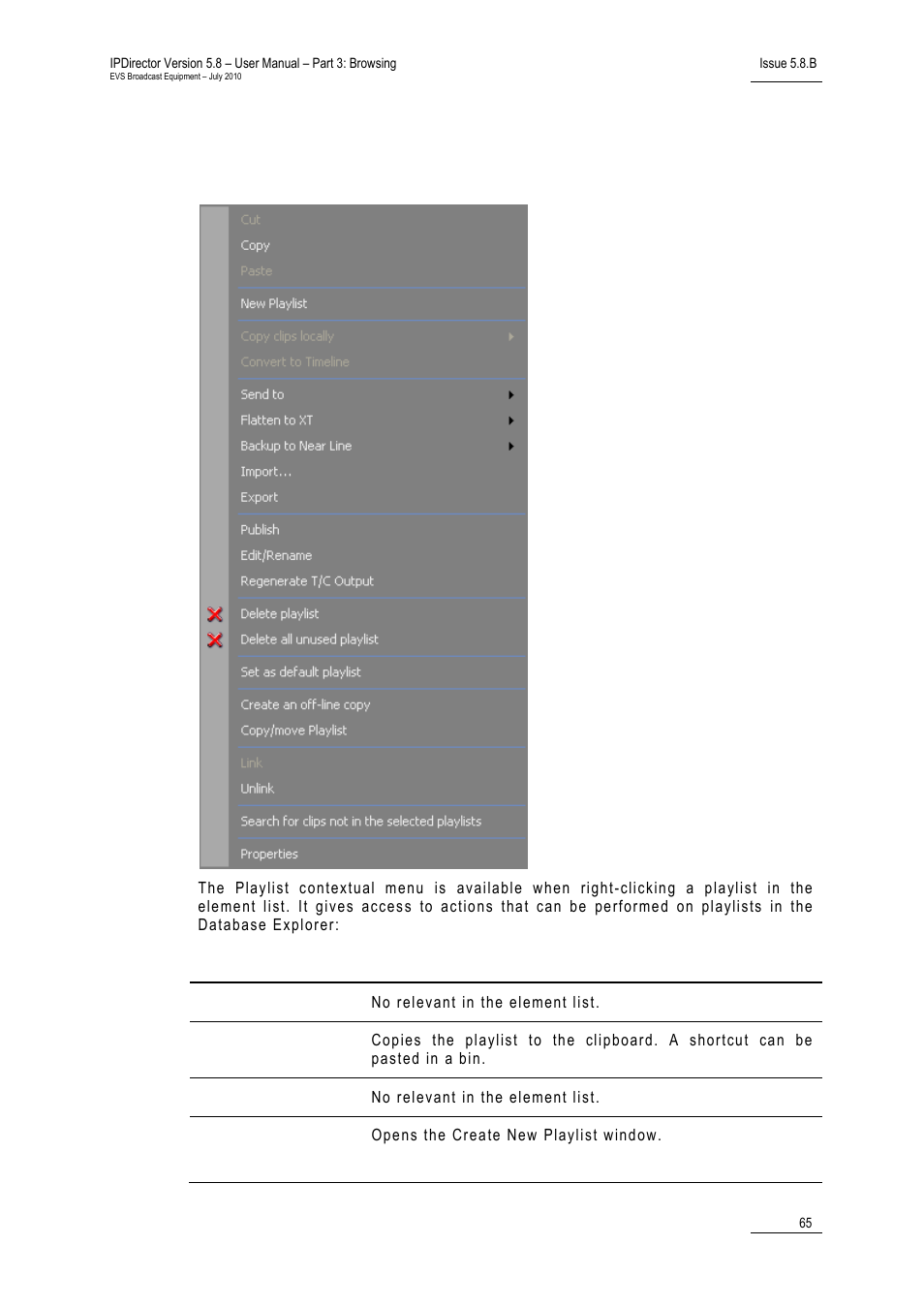 4 playlist contextual menu, Playlist contextual menu | EVS IPDirector Version 5.8 - July 2010 Part 3 User's Manual User Manual | Page 76 / 137