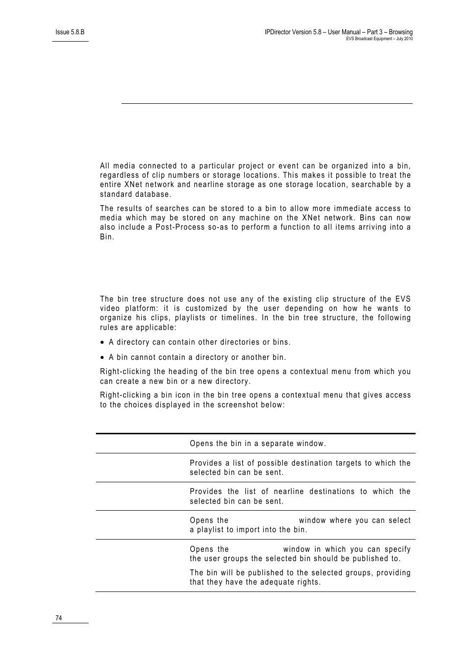 Bins view, 1 introduction, 2 bins tree structure | Introduction, Bins tree structure, 8 ‘bins view’ on, 74 fo | EVS IPDirector Version 5.8 - July 2010 Part 3 User's Manual User Manual | Page 85 / 137