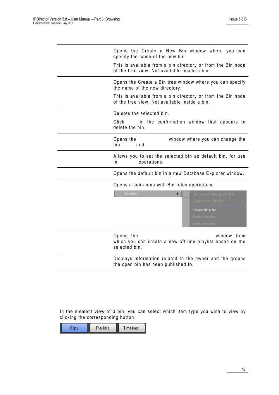 3 bin element view, Bin element view | EVS IPDirector Version 5.8 - July 2010 Part 3 User's Manual User Manual | Page 86 / 137