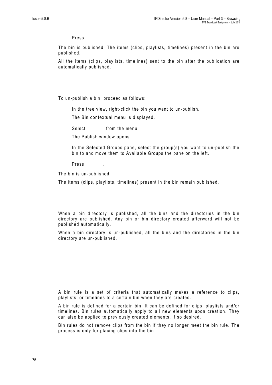 2 how to un-publish a bin, 3 rules when publishing a bin directory, 8 bin rules | 1 what is a bin rule, How to un-publish a bin, Rules when publishing a bin directory, Bin rules, What is a bin rule | EVS IPDirector Version 5.8 - July 2010 Part 3 User's Manual User Manual | Page 89 / 137