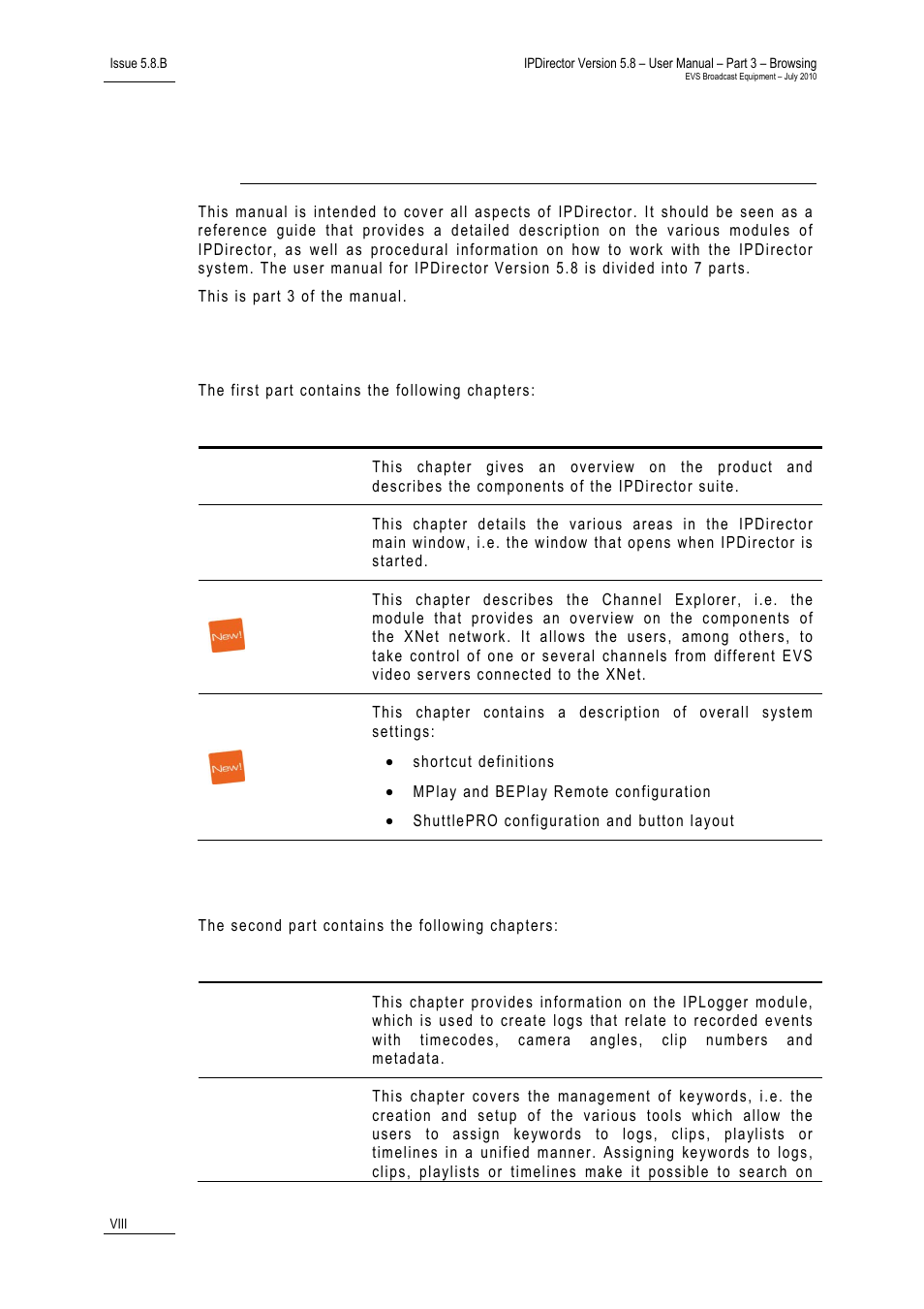 Part 1: general workspace, Part 2: logging, About this manual | EVS IPDirector Version 5.8 - July 2010 Part 3 User's Manual User Manual | Page 9 / 137