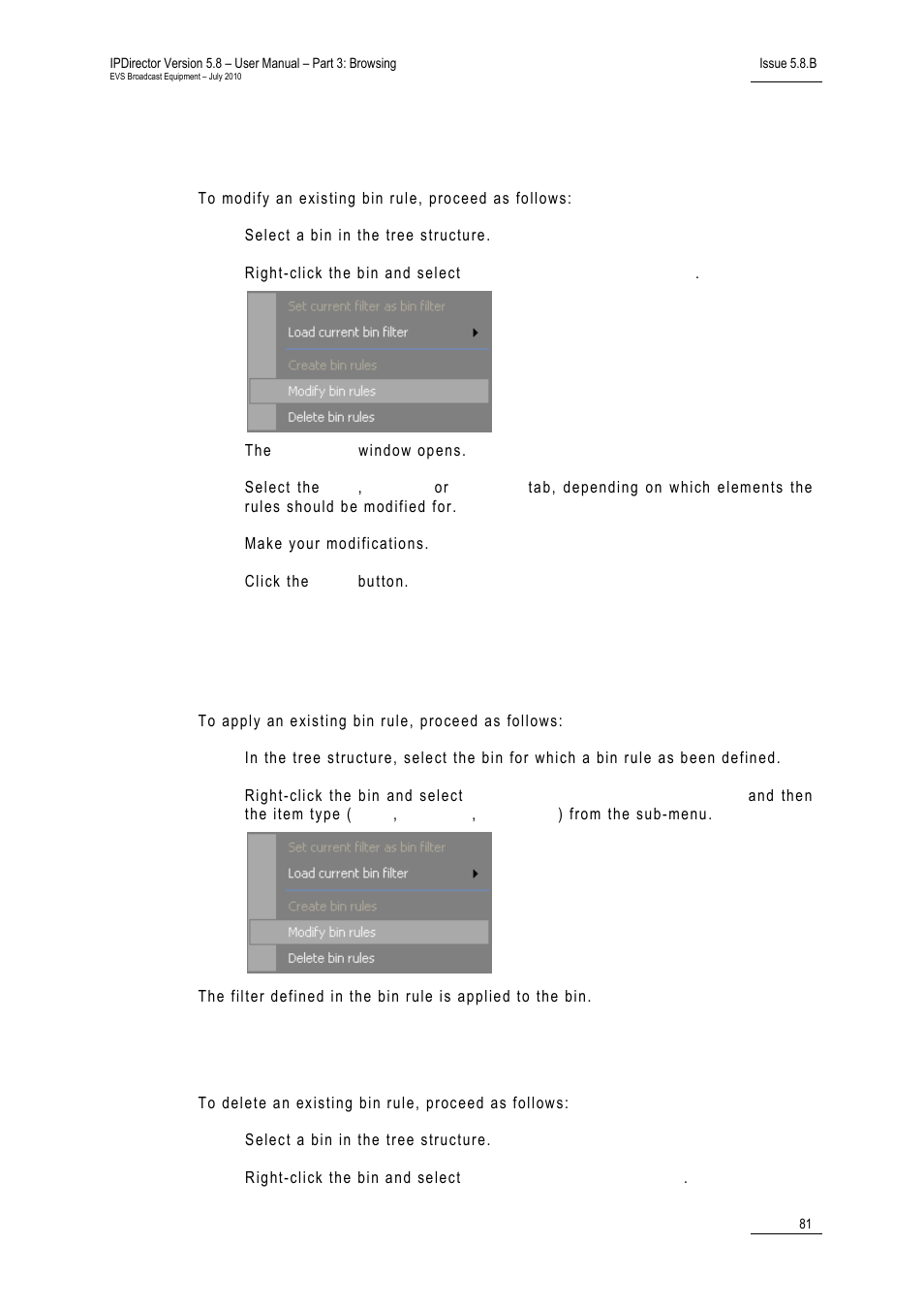4 how to modify an existing bin rule, 5 how to apply an existing bin rule, 6 how to delete an existing bin rule | How to modify an existing bin rule, How to apply an existing bin rule, How to delete an existing bin rule | EVS IPDirector Version 5.8 - July 2010 Part 3 User's Manual User Manual | Page 92 / 137
