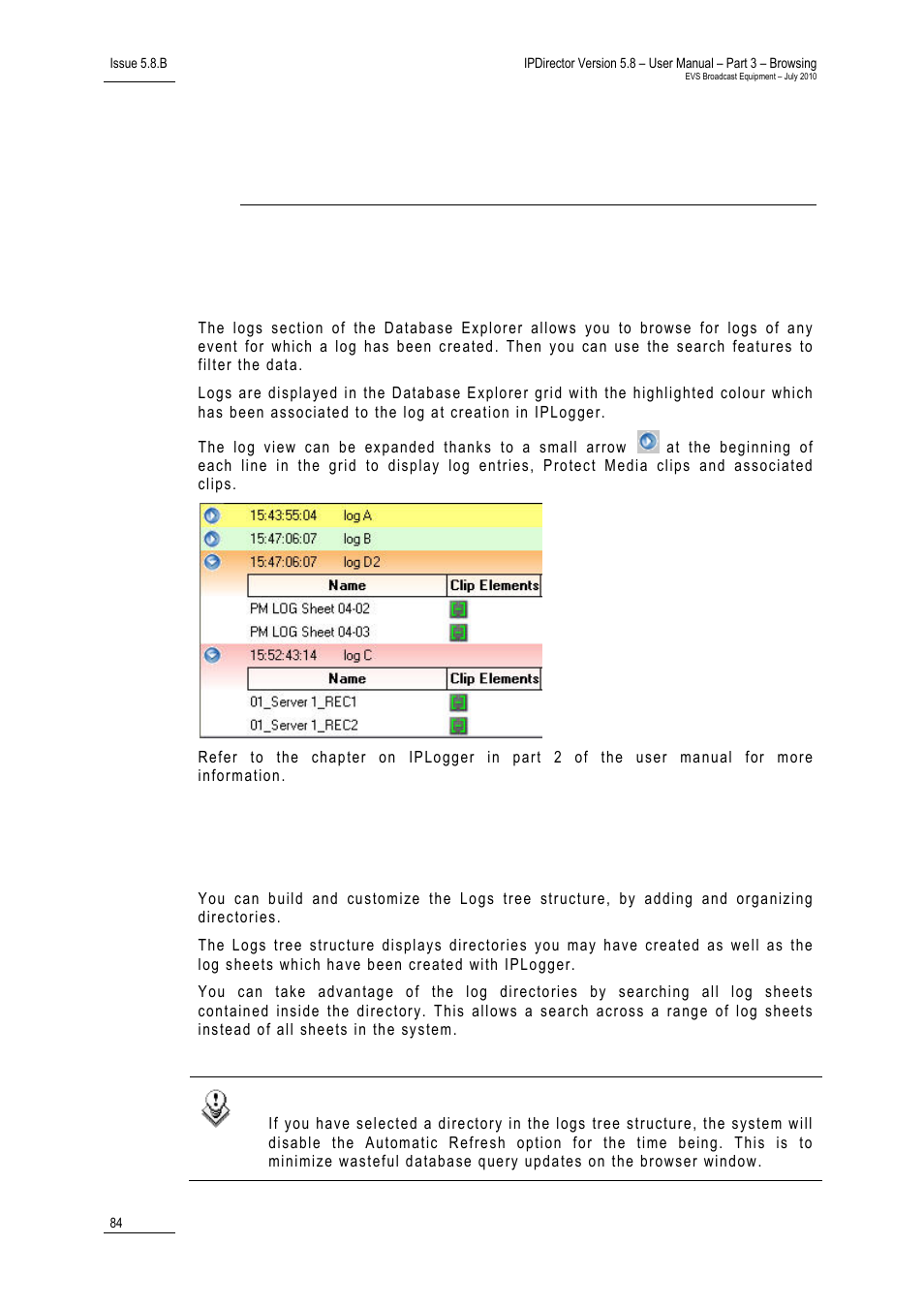 Logs view, 1 introduction, 2 logs tree structure | Introduction, Logs tree structure, 9 ‘logs view, 84 fo | EVS IPDirector Version 5.8 - July 2010 Part 3 User's Manual User Manual | Page 95 / 137