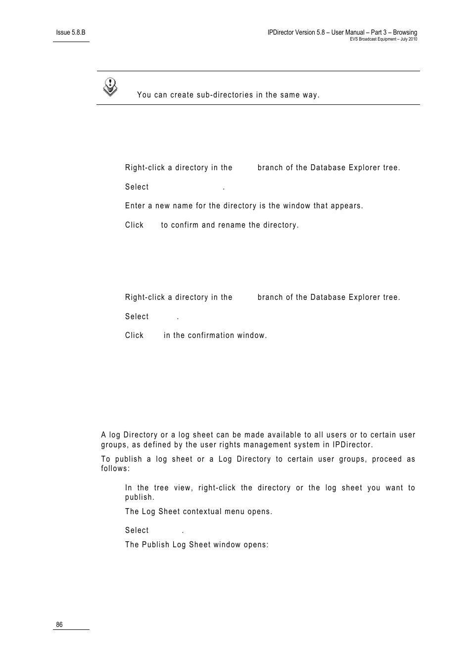 4 how to rename a logs directory, 5 how to delete a logs directory, 6 how to publish a log directory or a log sheet | How to rename a logs directory, How to delete a logs directory, How to publish a log directory or a log sheet | EVS IPDirector Version 5.8 - July 2010 Part 3 User's Manual User Manual | Page 97 / 137