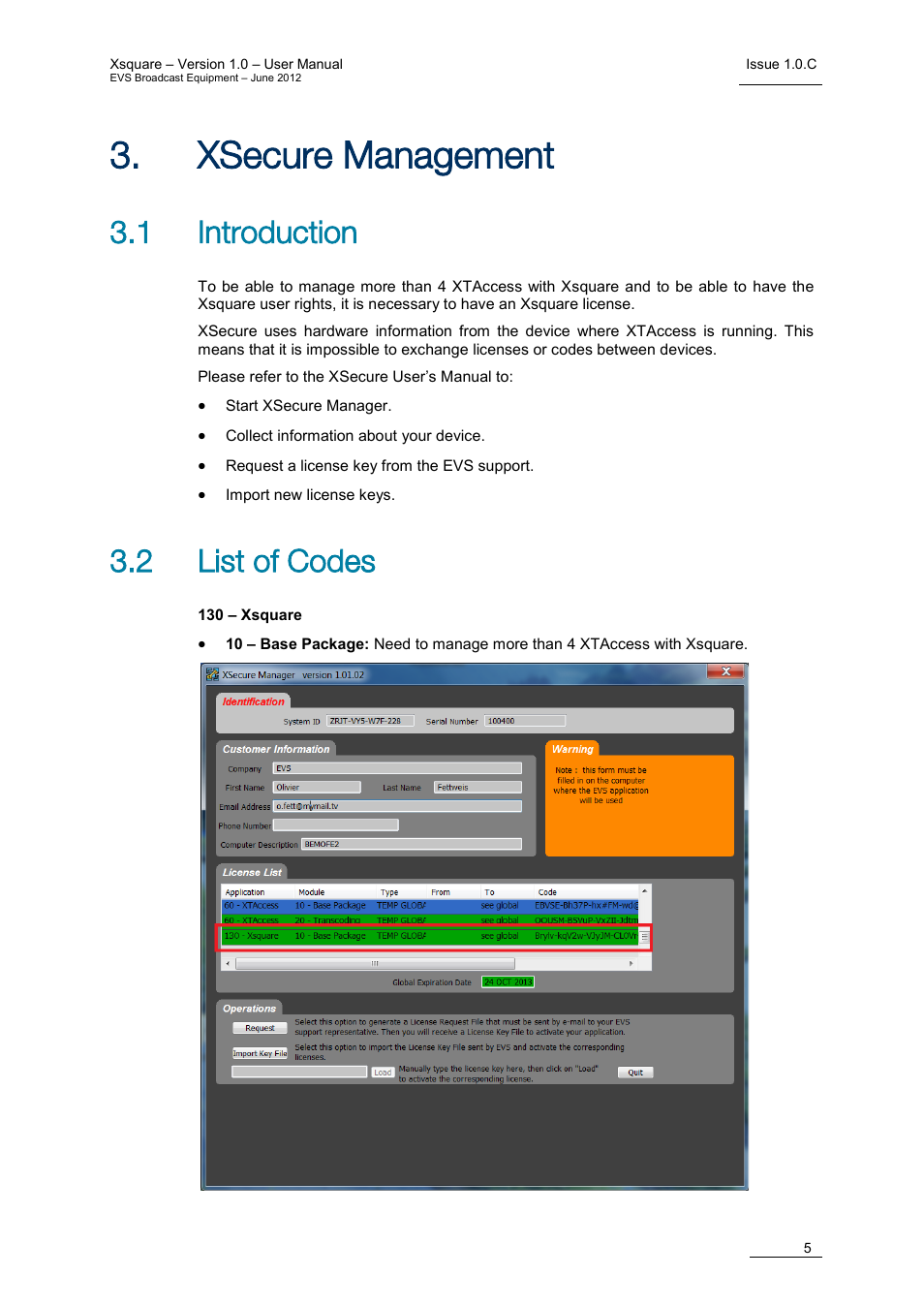 Xsecure management, 1 introduction, 2 list of codes | Ecure, Anagement | EVS Xsquare Version 1.0 - July 2012 User Manual User Manual | Page 11 / 30
