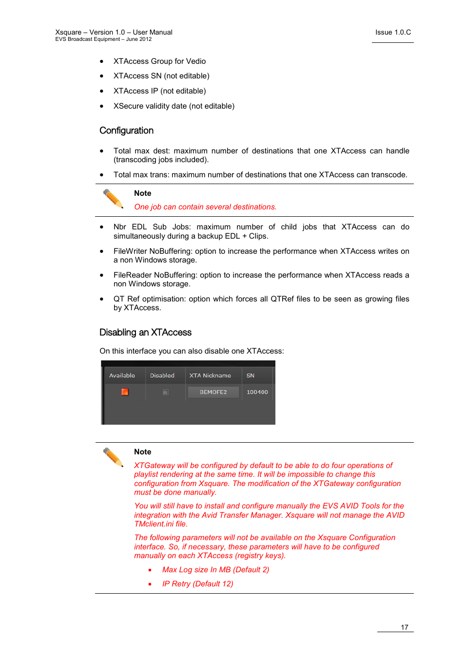 Configuration, Disabling an xtaccess | EVS Xsquare Version 1.0 - July 2012 User Manual User Manual | Page 23 / 30