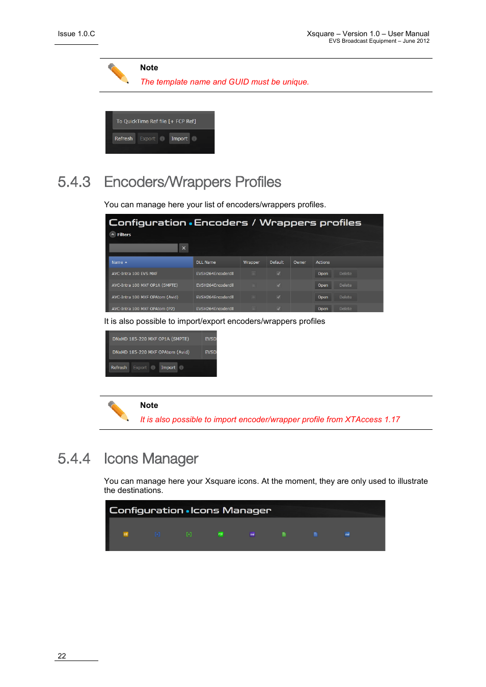 3 encoders/wrappers profiles, 4 icons manager, Encoders/wrappers profiles | Icons manager | EVS Xsquare Version 1.0 - July 2012 User Manual User Manual | Page 28 / 30