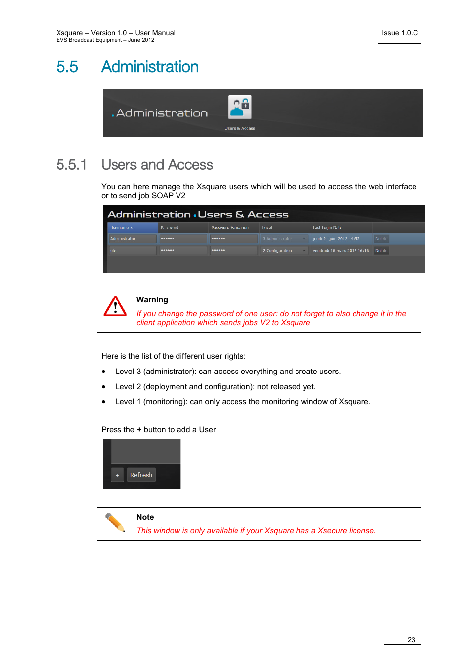 5 administration, 1 users and access, Users and access | EVS Xsquare Version 1.0 - July 2012 User Manual User Manual | Page 29 / 30