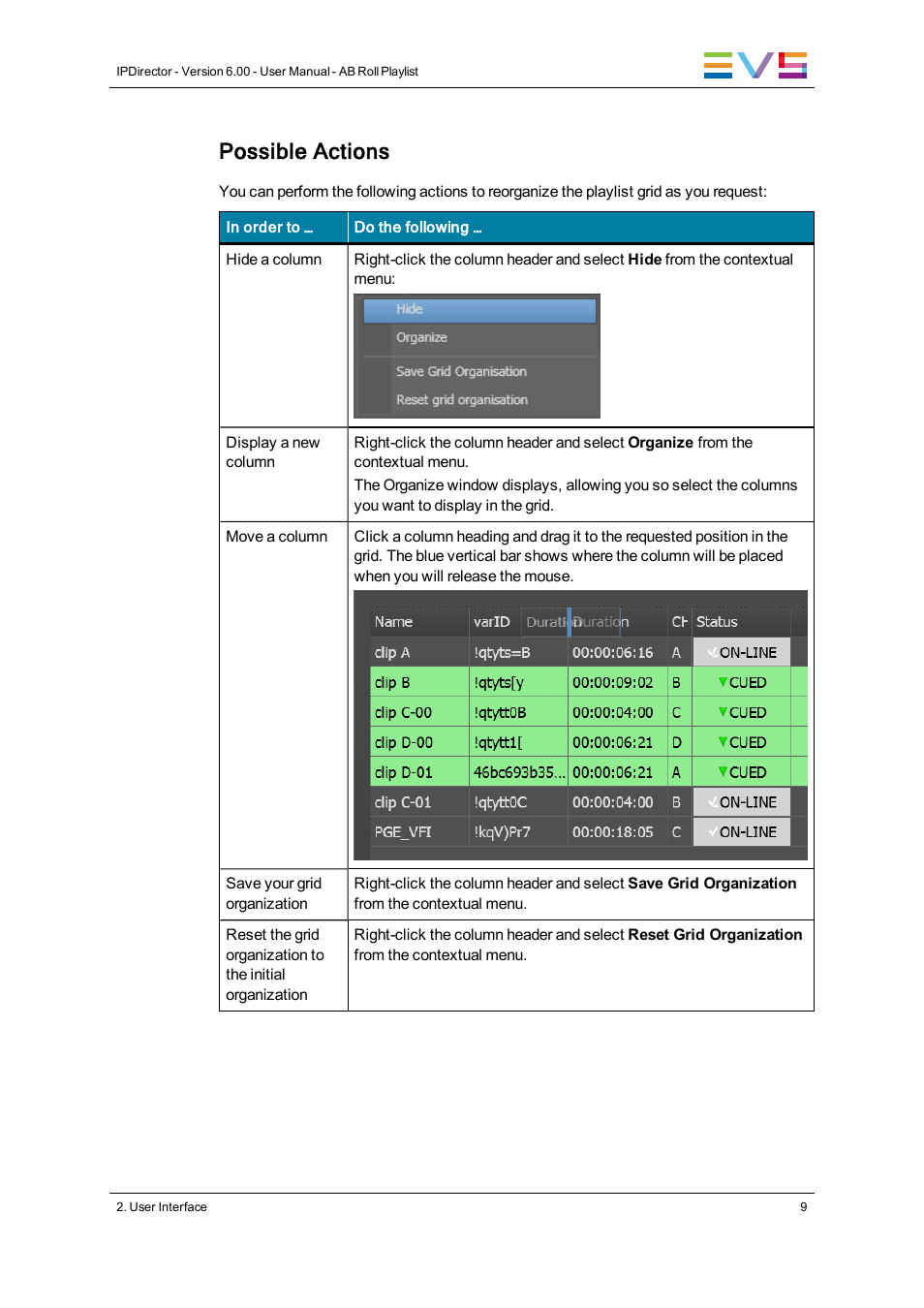 Possible actions | EVS IPDirector Version 6.0 - November 2012 Part 7 User's Manual User Manual | Page 17 / 52
