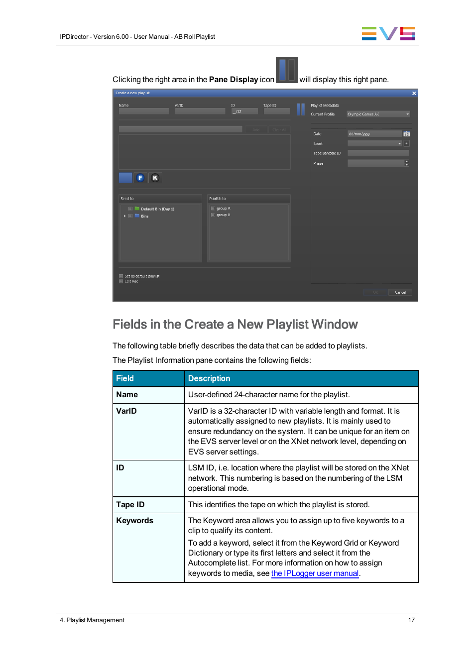 Fields in the create a new playlist window | EVS IPDirector Version 6.0 - November 2012 Part 7 User's Manual User Manual | Page 25 / 52