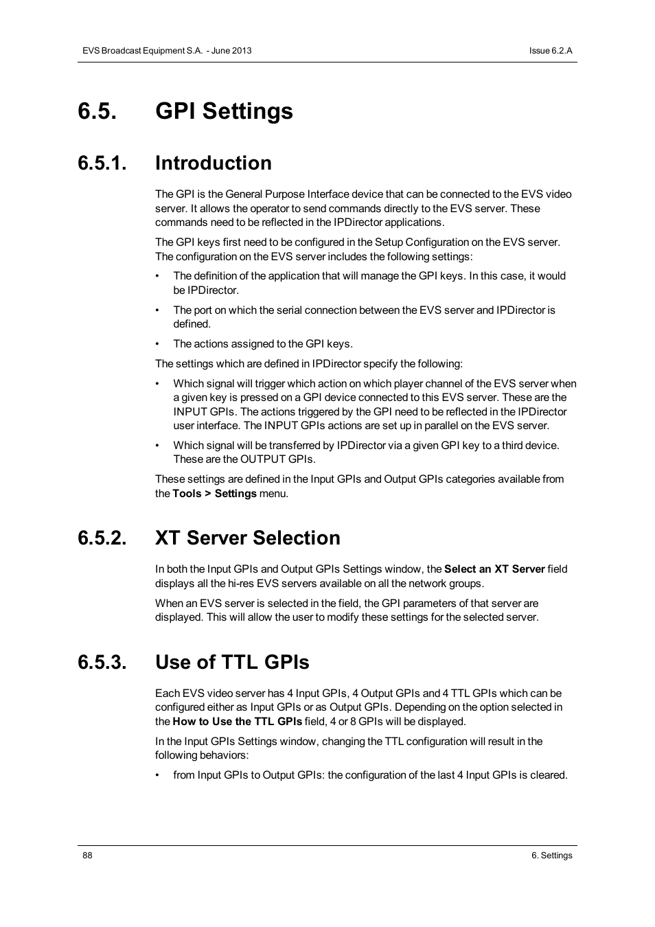Gpi settings, Introduction, Xt server selection | Use of ttl gpis | EVS IPDirector Version 6.2 - June 2013 GENERAL FUNCTIONS User Manual User Manual | Page 100 / 174