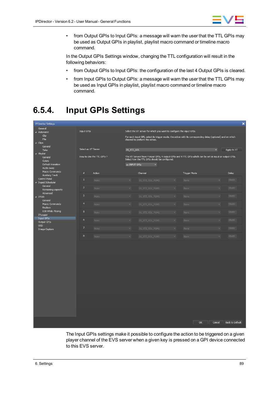 Input gpis settings | EVS IPDirector Version 6.2 - June 2013 GENERAL FUNCTIONS User Manual User Manual | Page 101 / 174