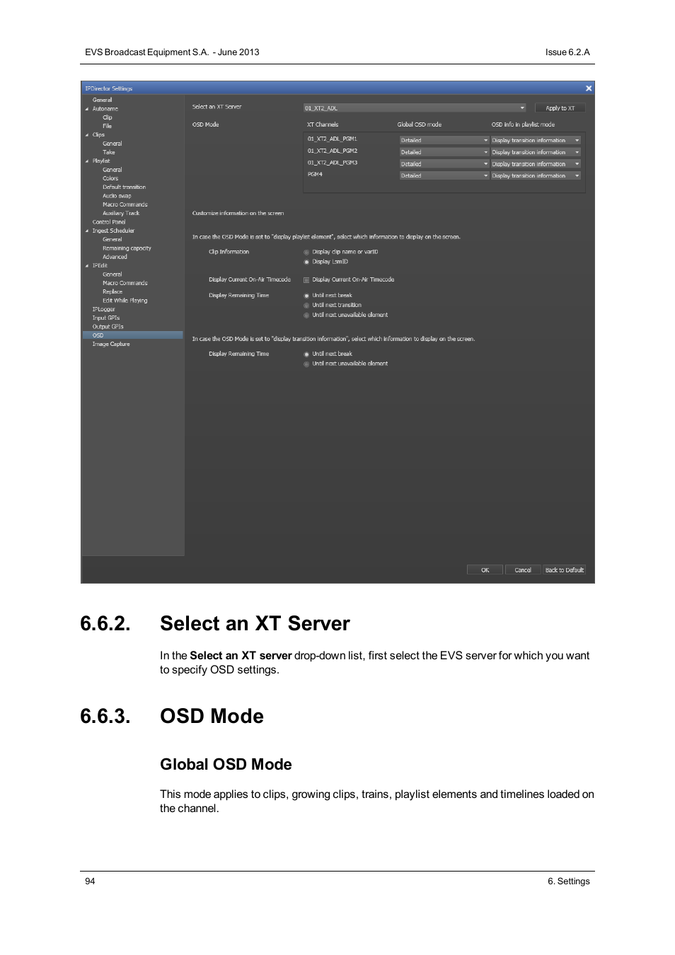 Select an xt server, Osd mode | EVS IPDirector Version 6.2 - June 2013 GENERAL FUNCTIONS User Manual User Manual | Page 106 / 174