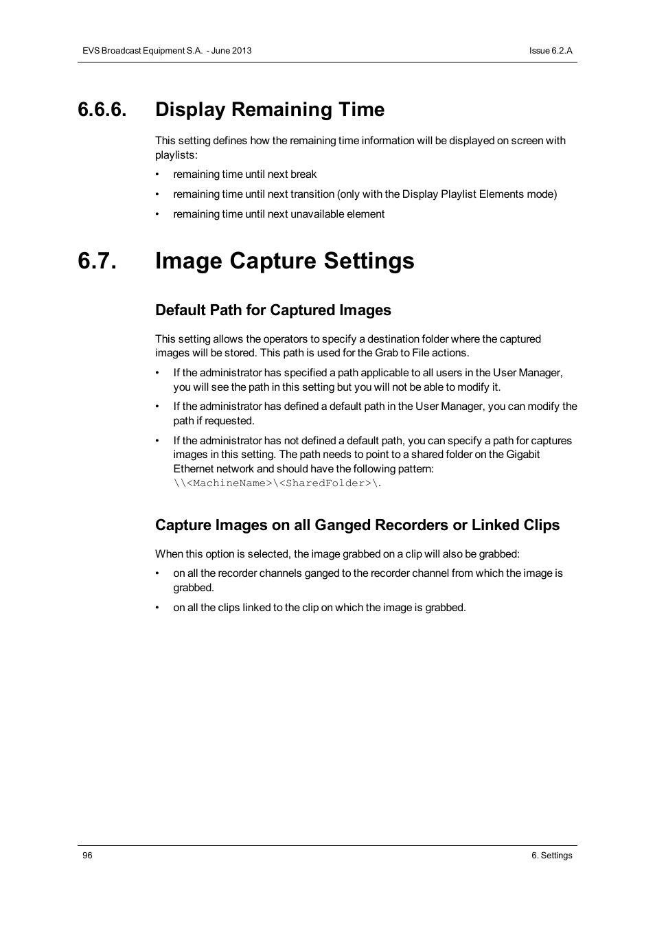 Display remaining time, Image capture settings, Default path for captured images | EVS IPDirector Version 6.2 - June 2013 GENERAL FUNCTIONS User Manual User Manual | Page 108 / 174