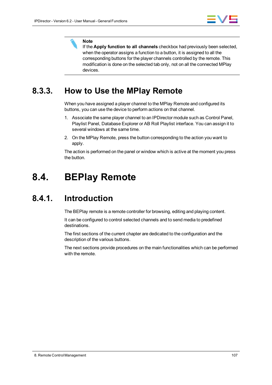How to use the mplay remote, Beplay remote, Introduction | EVS IPDirector Version 6.2 - June 2013 GENERAL FUNCTIONS User Manual User Manual | Page 119 / 174
