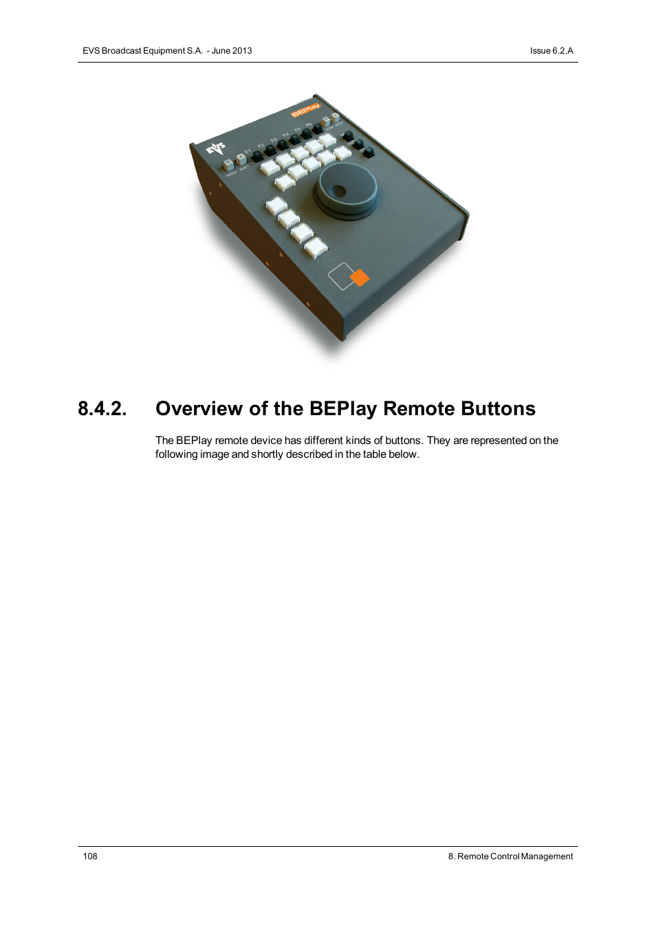 Overview of the beplay remote buttons | EVS IPDirector Version 6.2 - June 2013 GENERAL FUNCTIONS User Manual User Manual | Page 120 / 174