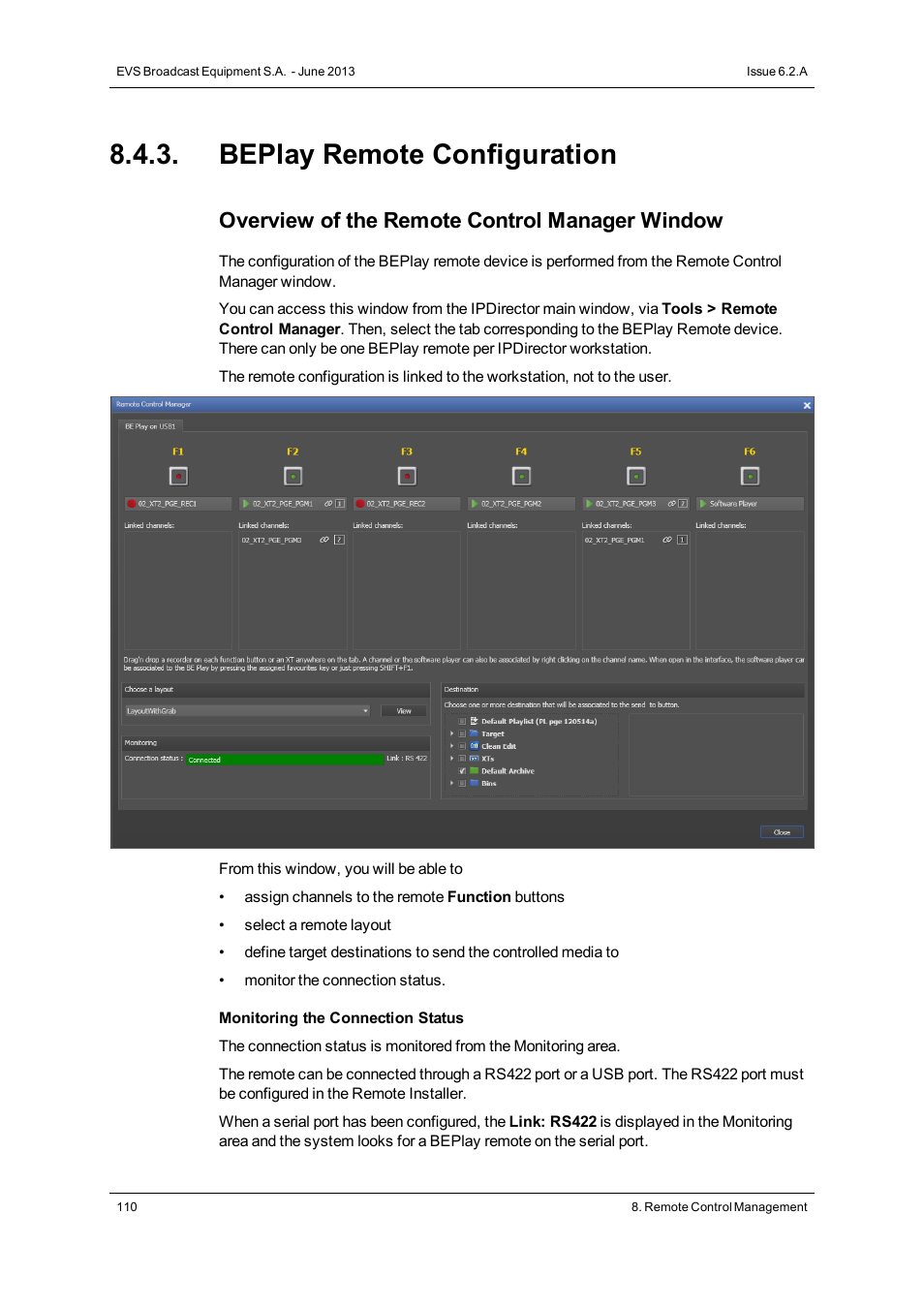 Beplay remote configuration, Overview of the remote control manager window | EVS IPDirector Version 6.2 - June 2013 GENERAL FUNCTIONS User Manual User Manual | Page 122 / 174