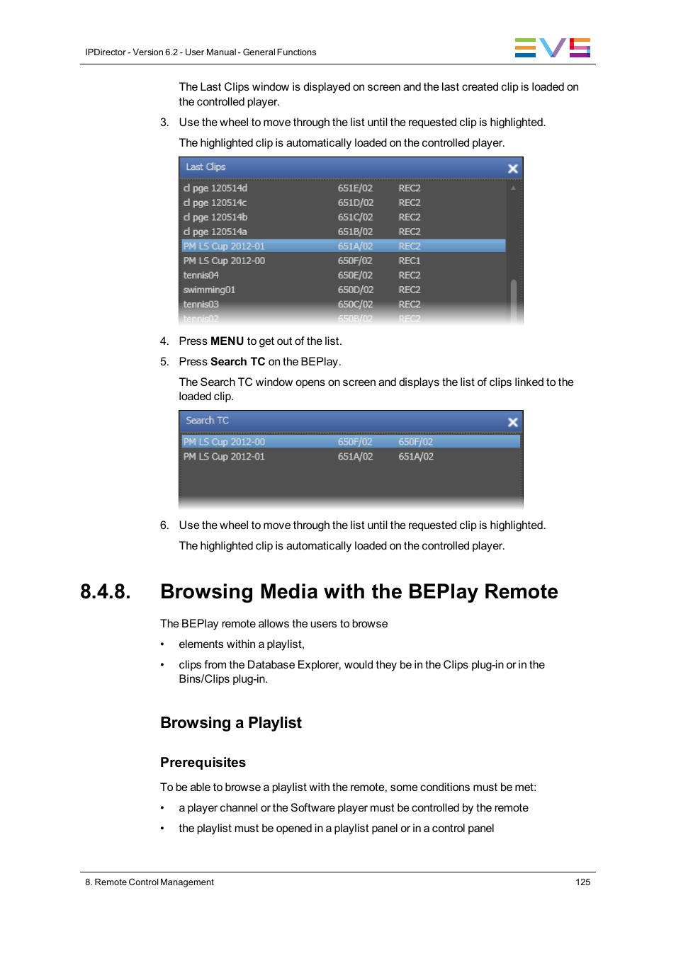 Browsing media with the beplay remote, Browsing a playlist | EVS IPDirector Version 6.2 - June 2013 GENERAL FUNCTIONS User Manual User Manual | Page 137 / 174