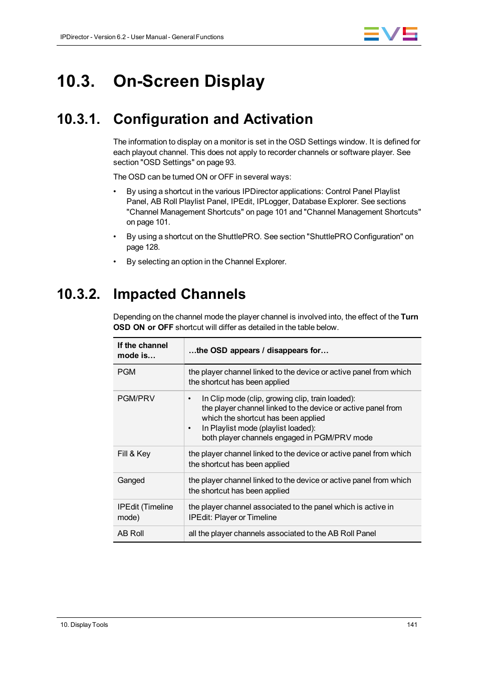 On-screen display, Configuration and activation, Impacted channels | EVS IPDirector Version 6.2 - June 2013 GENERAL FUNCTIONS User Manual User Manual | Page 153 / 174