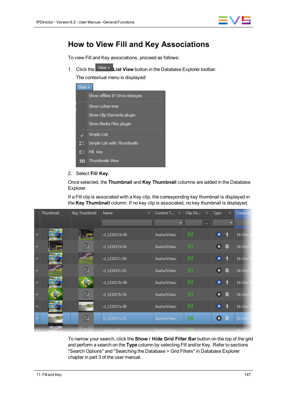 How to view fill and key associations | EVS IPDirector Version 6.2 - June 2013 GENERAL FUNCTIONS User Manual User Manual | Page 159 / 174