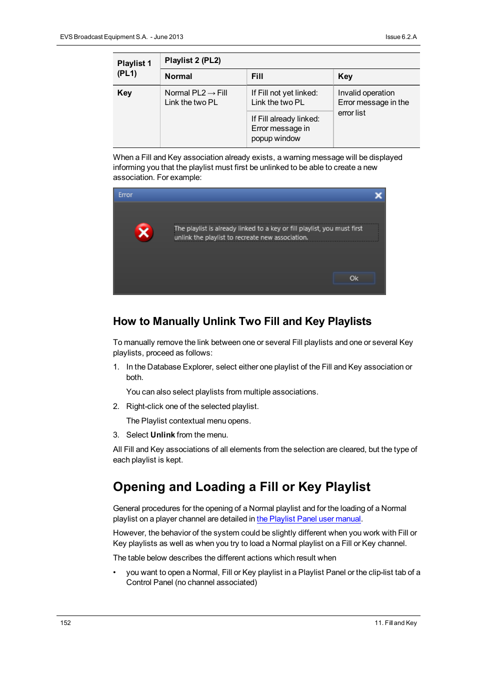 Opening and loading a fill or key playlist, How to manually unlink two fill and key playlists | EVS IPDirector Version 6.2 - June 2013 GENERAL FUNCTIONS User Manual User Manual | Page 164 / 174