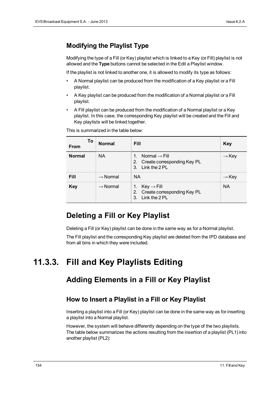 Fill and key playlists editing, Deleting a fill or key playlist, Adding elements in a fill or key playlist | Modifying the playlist type, How to insert a playlist in a fill or key playlist | EVS IPDirector Version 6.2 - June 2013 GENERAL FUNCTIONS User Manual User Manual | Page 166 / 174