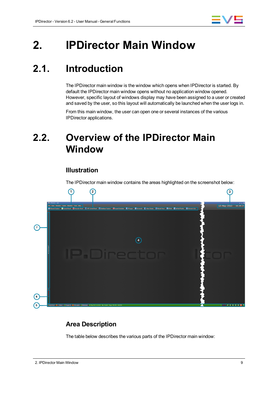 Ipdirector main window, Introduction, Overview of the ipdirector main window | EVS IPDirector Version 6.2 - June 2013 GENERAL FUNCTIONS User Manual User Manual | Page 21 / 174