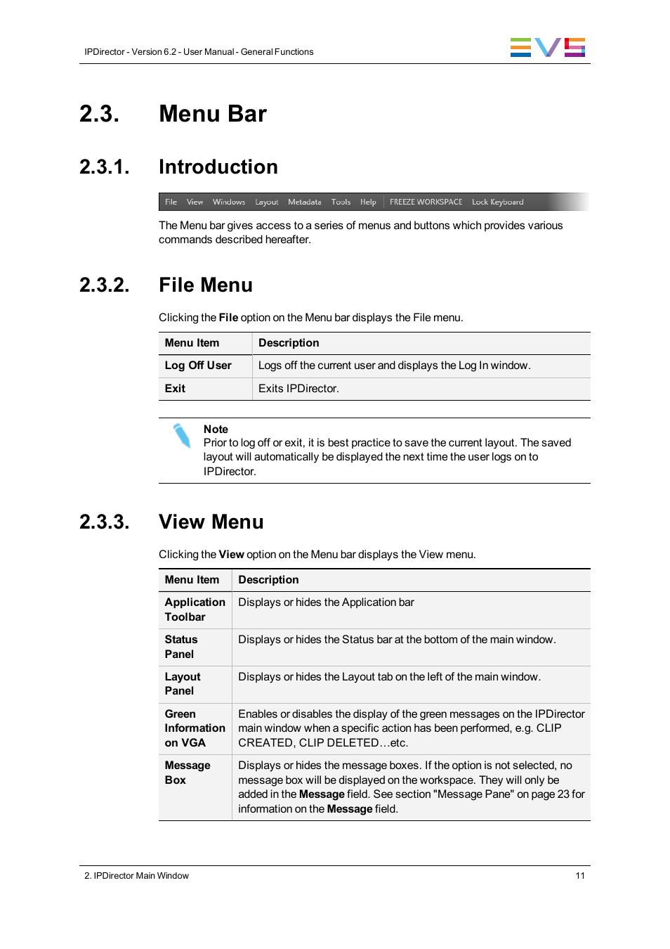 Menu bar, Introduction, File menu | View menu | EVS IPDirector Version 6.2 - June 2013 GENERAL FUNCTIONS User Manual User Manual | Page 23 / 174