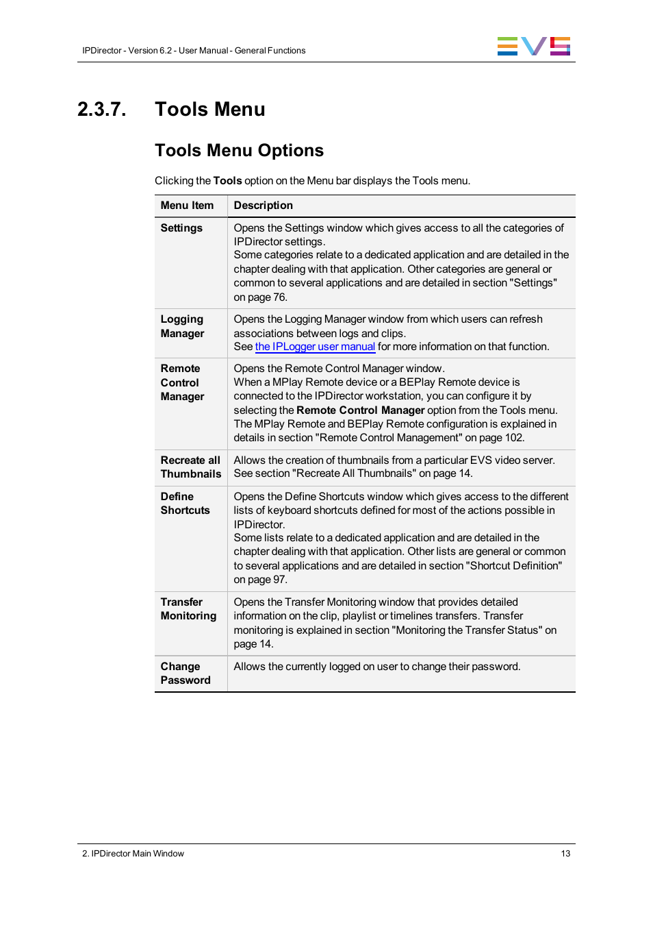 Tools menu, Tools menu options | EVS IPDirector Version 6.2 - June 2013 GENERAL FUNCTIONS User Manual User Manual | Page 25 / 174