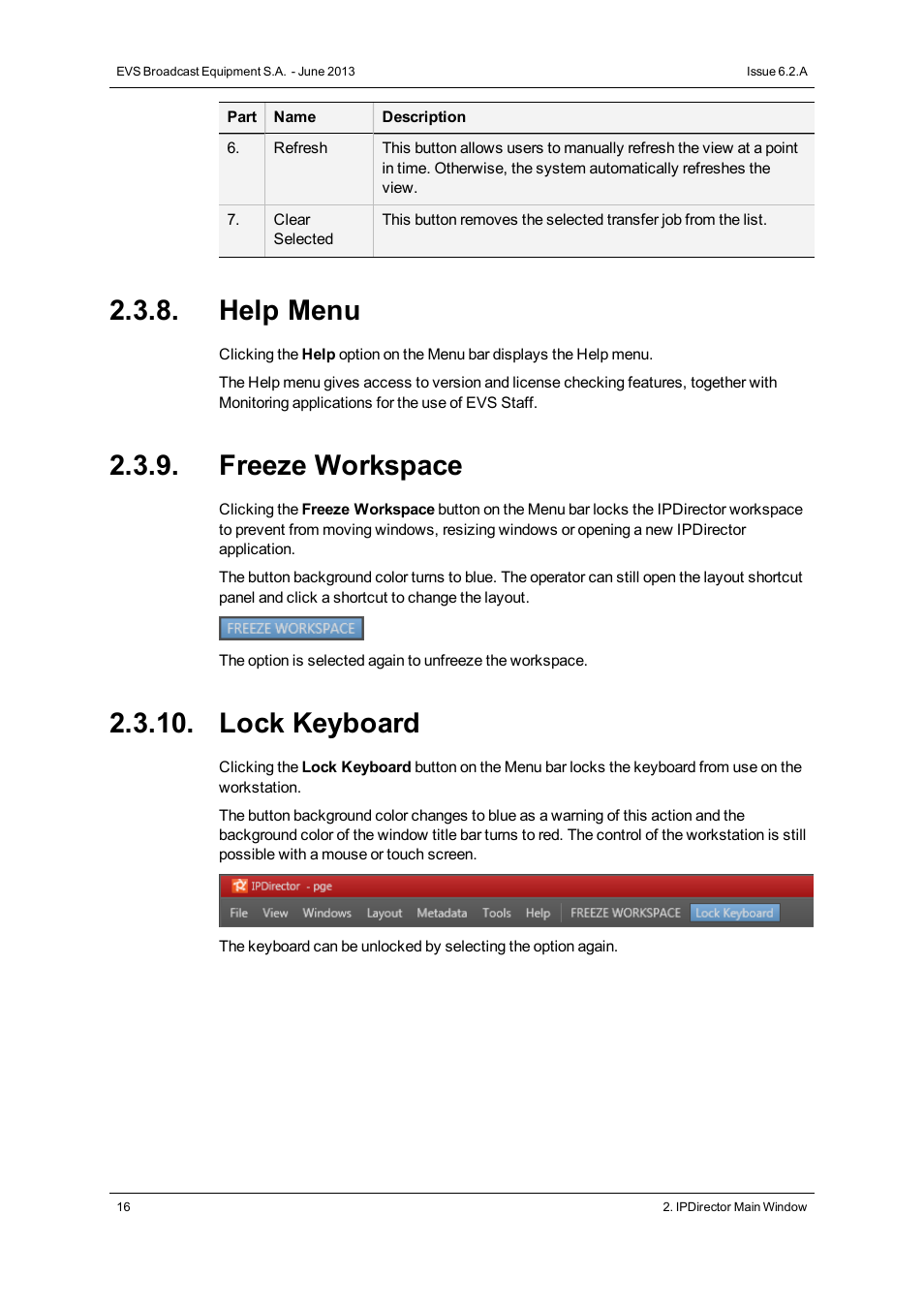 Help menu, Freeze workspace, Lock keyboard | EVS IPDirector Version 6.2 - June 2013 GENERAL FUNCTIONS User Manual User Manual | Page 28 / 174