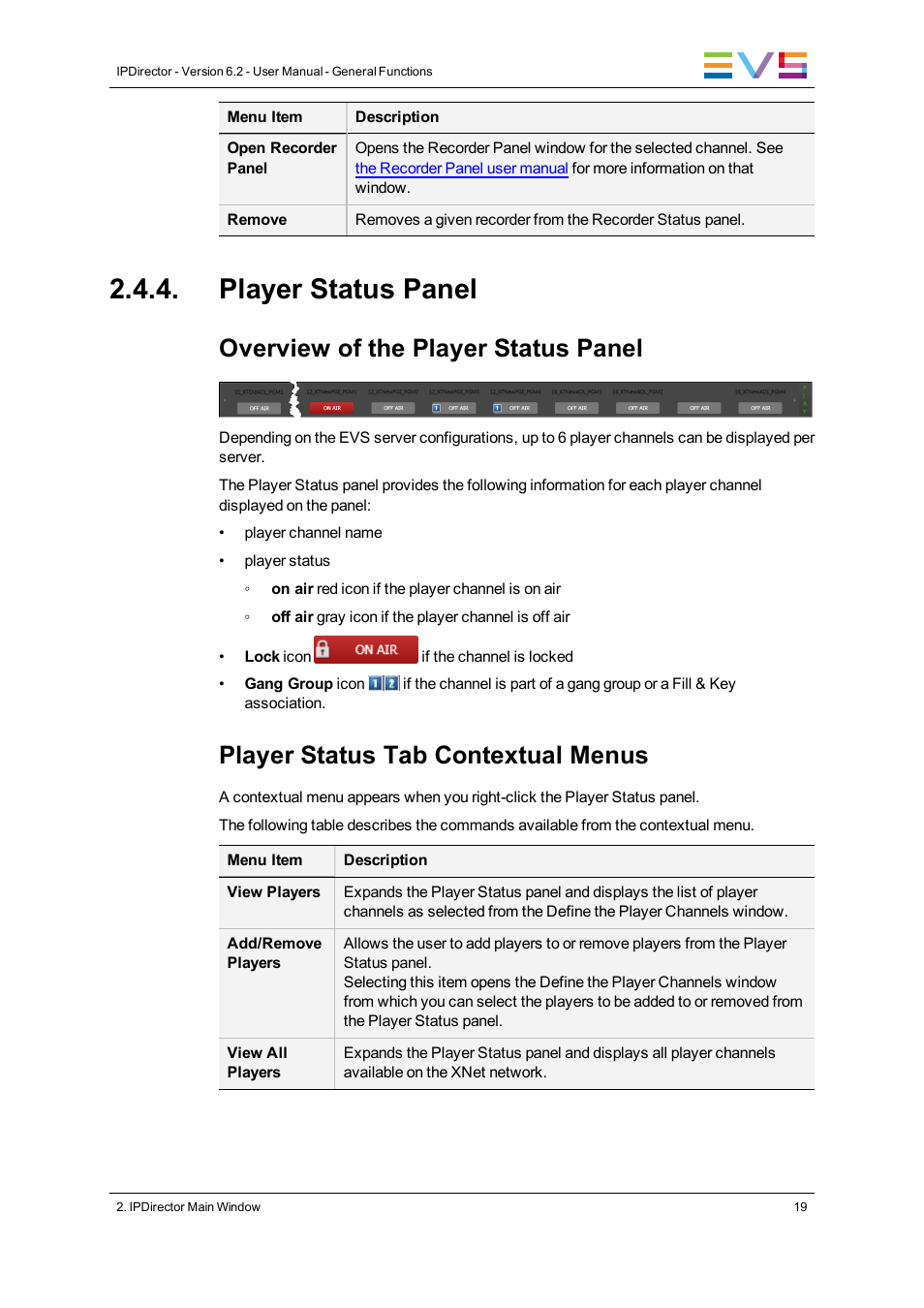 Player status panel, Overview of the player status panel, Player status tab contextual menus | EVS IPDirector Version 6.2 - June 2013 GENERAL FUNCTIONS User Manual User Manual | Page 31 / 174