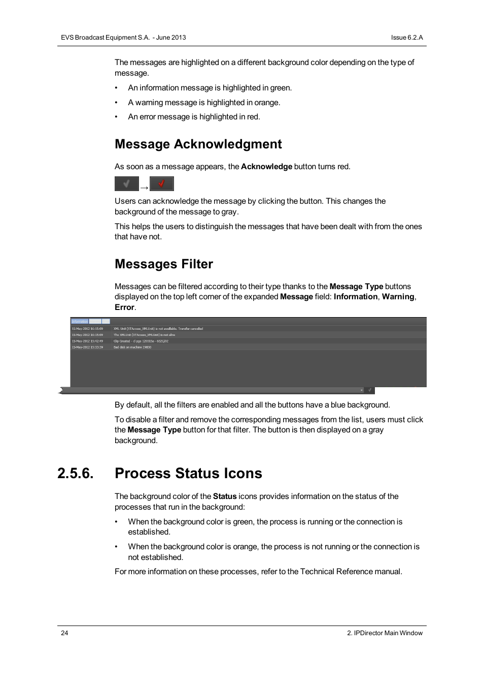 Process status icons, Message acknowledgment, Messages filter | EVS IPDirector Version 6.2 - June 2013 GENERAL FUNCTIONS User Manual User Manual | Page 36 / 174