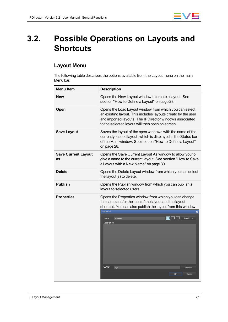 Possible operations on layouts and shortcuts, Layout menu | EVS IPDirector Version 6.2 - June 2013 GENERAL FUNCTIONS User Manual User Manual | Page 39 / 174