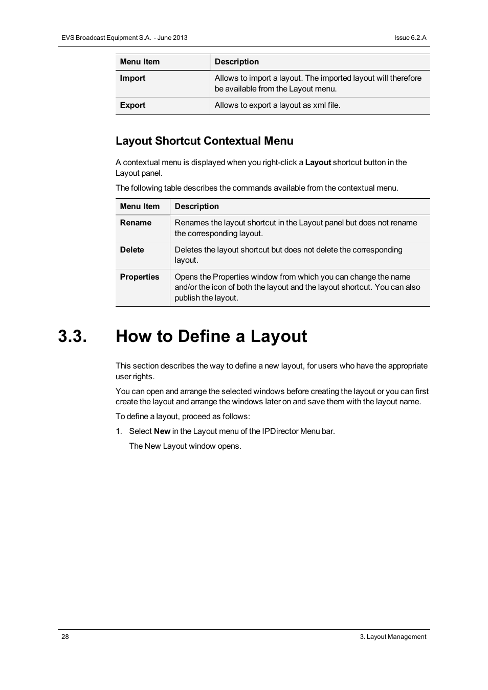 How to define a layout, Layout shortcut contextual menu | EVS IPDirector Version 6.2 - June 2013 GENERAL FUNCTIONS User Manual User Manual | Page 40 / 174